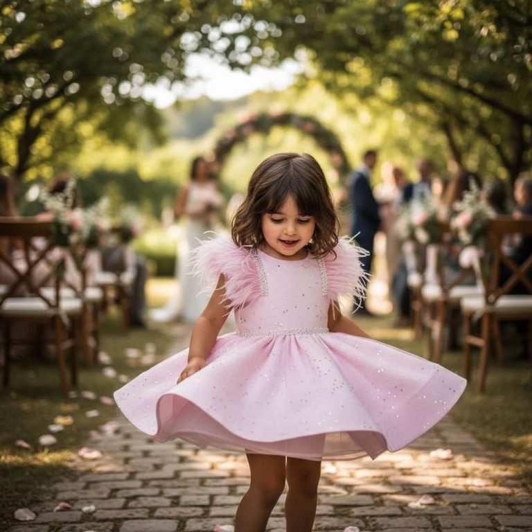 Vestido niña rosa pastel con plumas y brillos – vestido de princesa para comunión, boda o cumpleaños – hecho a medida y tallas en stock