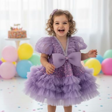  Vestido niña lila tutú mangas puff lazo princesa – cumpleaños fiesta by Mohini Bebé  