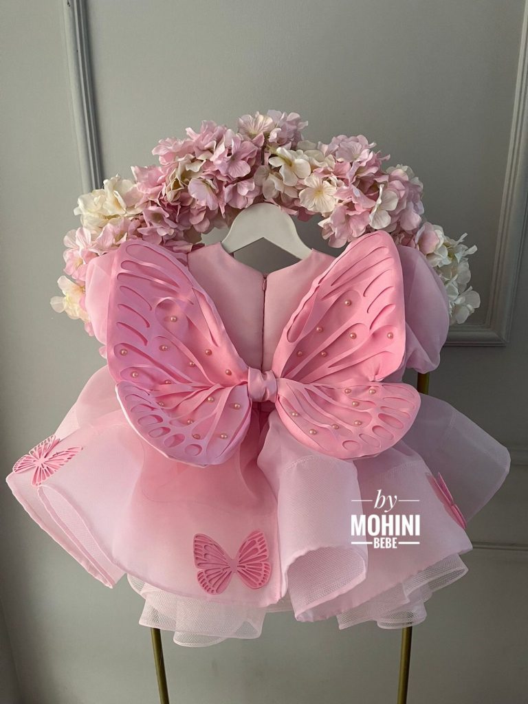 Vestido bebé niña rosa mariposa con alas grandes 3D en la espalda, tutú de tul y pompón – outfit princesa hada para primer cumpleaños.